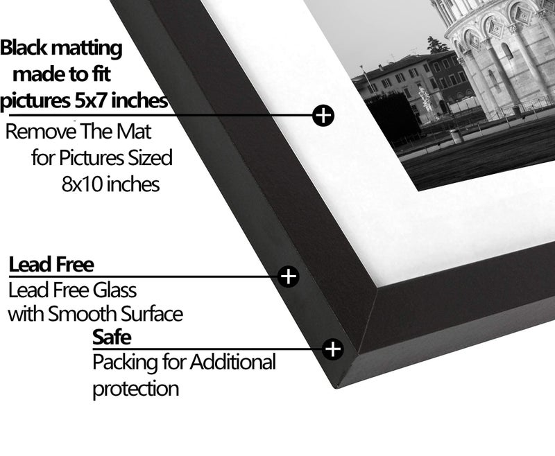 Wiscet 8x10 Picture Frame Set of 9  Display Pictures 5x7 with Mat or 8 x 10 Without Mat  Photo Frame for Wall Mounting or Tabletop  Black - Image 3