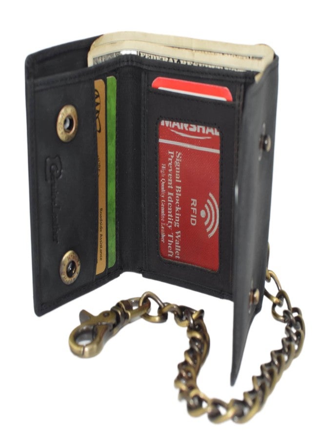 MARSHAL Genuine Leather Skull Chain Wallet for Men - Trifold RFID Blocking Biker Wallet with ID Window & Heavy-Duty Chain (Black) - Image 4