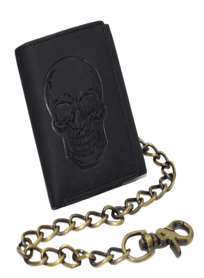 MARSHAL Genuine Leather Skull Chain Wallet for Men - Trifold RFID Blocking Biker Wallet with ID Window & Heavy-Duty Chain (Black) - Image 1