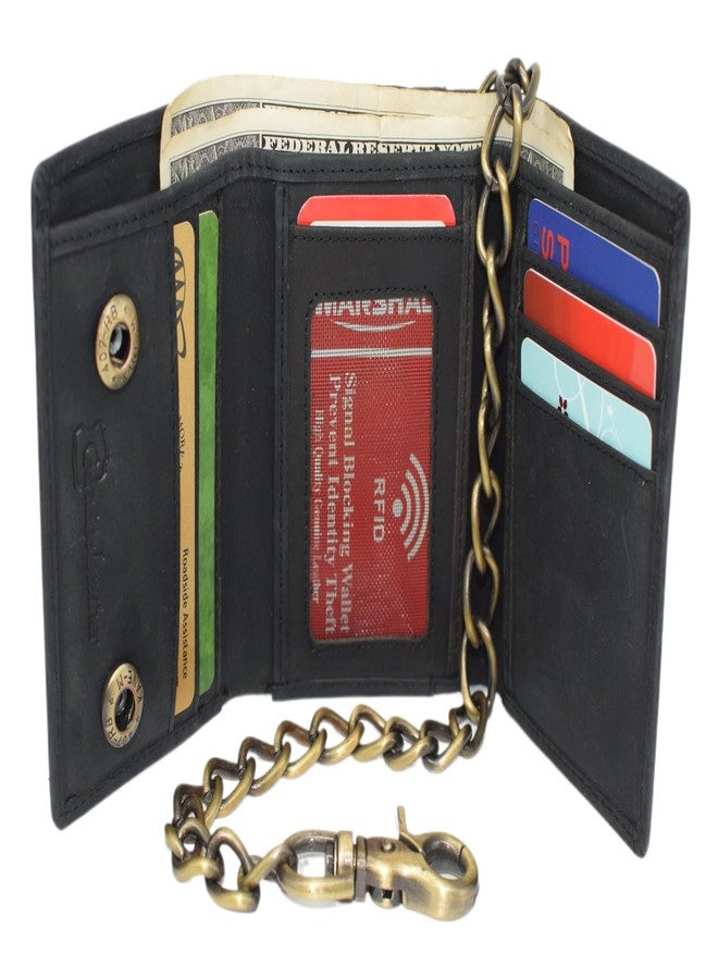 MARSHAL Genuine Leather Skull Chain Wallet for Men - Trifold RFID Blocking Biker Wallet with ID Window & Heavy-Duty Chain (Black) - Image 2