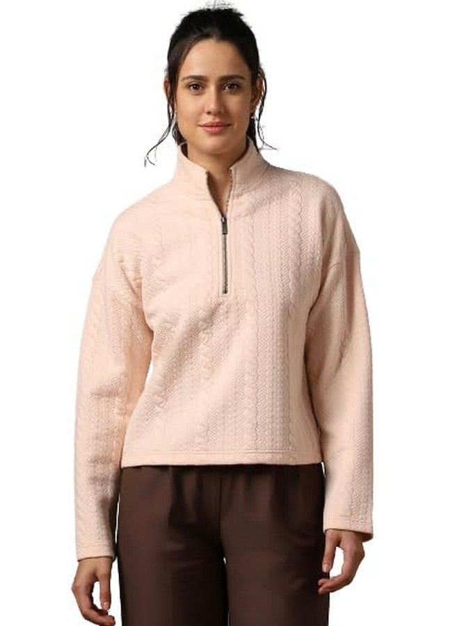 NOBERO Women's Pale Dogwood Chloe Oversized Cable Knit Self Design Quilted Zip-Up Sweatshirt - Oversized Fit Pink Quilted Women Sweatshirt - Oversized Quilted Sweatshirts for Women - M - Image 1