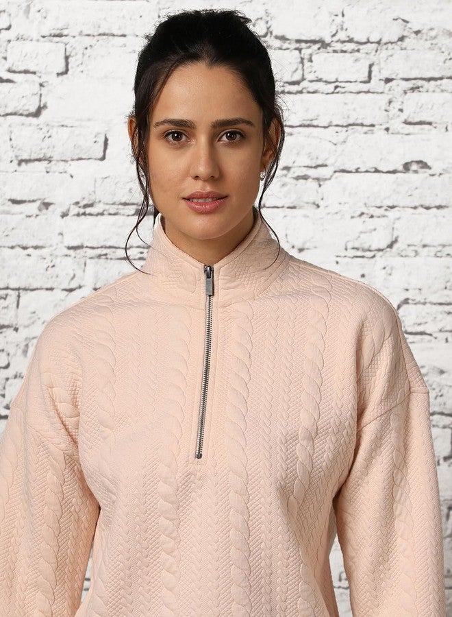NOBERO Women's Pale Dogwood Chloe Oversized Cable Knit Self Design Quilted Zip-Up Sweatshirt - Oversized Fit Pink Quilted Women Sweatshirt - Oversized Quilted Sweatshirts for Women - M - Image 2