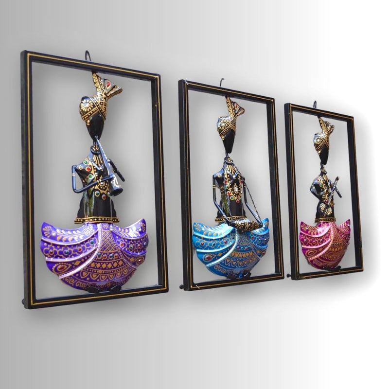 ZXC Decorative Wall Art Frames Indian Classical Dancer Figurines Set of 3 Blue Pink Purple Metal Frame - Image 3