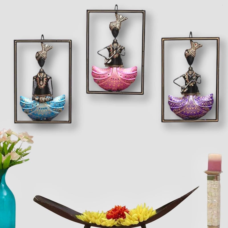 ZXC Decorative Wall Art Frames Indian Classical Dancer Figurines Set of 3 Blue Pink Purple Metal Frame - Image 2