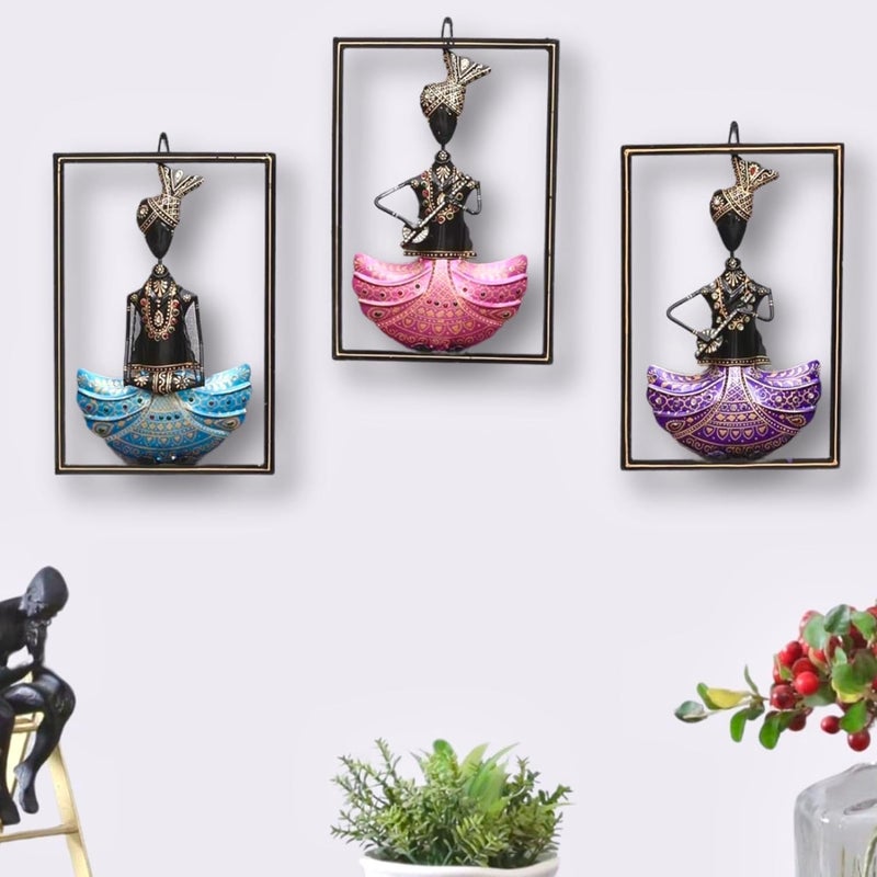 ZXC Decorative Wall Art Frames Indian Classical Dancer Figurines Set of 3 Blue Pink Purple Metal Frame - Image 1