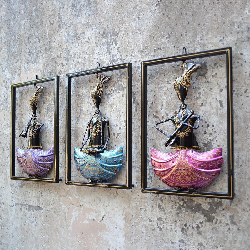 ZXC Decorative Wall Art Frames Indian Classical Dancer Figurines Set of 3 Blue Pink Purple Metal Frame - Image 4