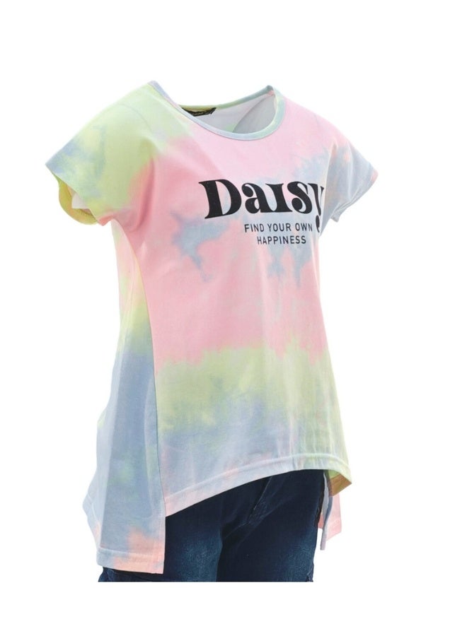 JOANNA JOANNA 23KY362B Girl's Long Back With Daisy Find Your Happiness Print Round Neck Short Sleeve T-Shirt - Yellow/Pink/Purple  - Image 2