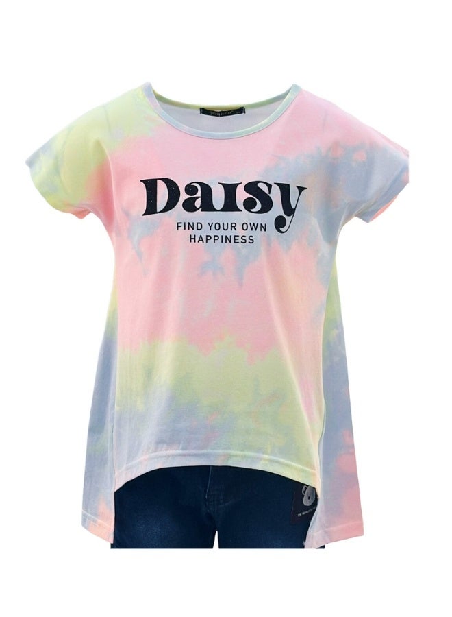 JOANNA JOANNA 23KY362B Girl's Long Back With Daisy Find Your Happiness Print Round Neck Short Sleeve T-Shirt - Yellow/Pink/Purple  - Image 1
