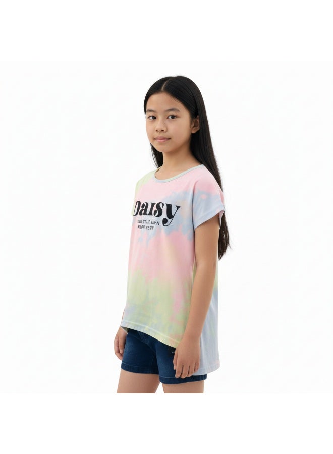 جوانا تي شيرت فتيات برقبة دائرية وأكمام قصيرة بطبعة "اعثري على سعادتك" مع ظهر طويل وزهور الأقحوان - أصفر/وردي/بنفسجي - 8 سنوات - Image 2