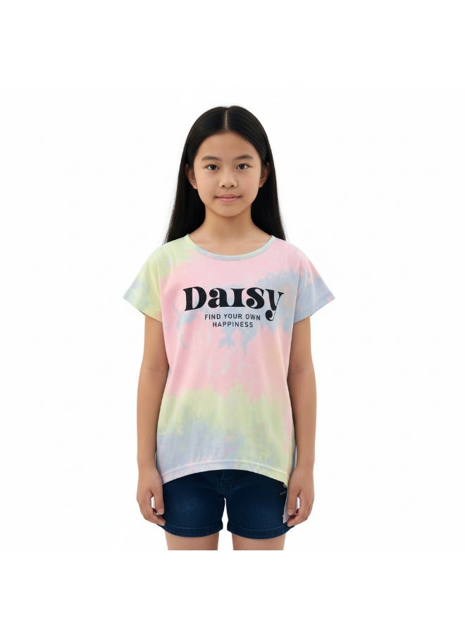 جوانا تي شيرت فتيات برقبة دائرية وأكمام قصيرة بطبعة "اعثري على سعادتك" مع ظهر طويل وزهور الأقحوان - أصفر/وردي/بنفسجي - 8 سنوات - Image 1
