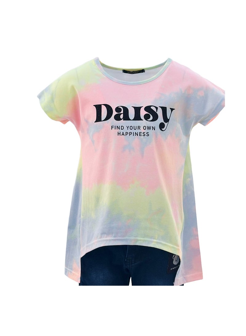 جوانا تي شيرت فتيات برقبة دائرية وأكمام قصيرة بطبعة "اعثري على سعادتك" مع ظهر طويل وزهور الأقحوان - أصفر/وردي/بنفسجي - 8 سنوات - Image 4