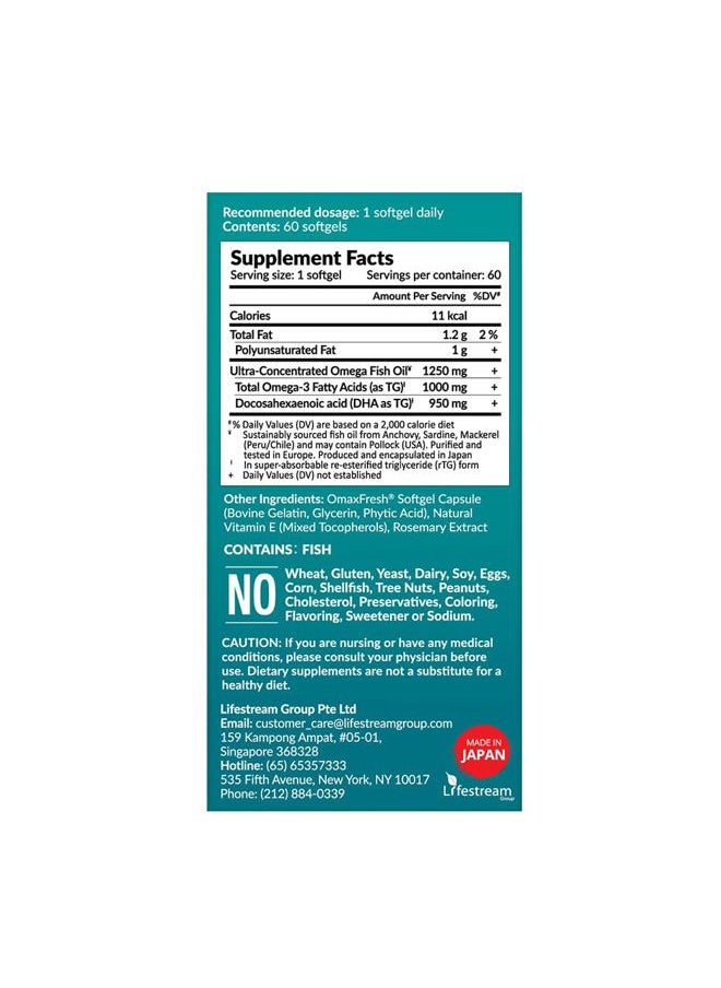 LABO Nutrition - OmaxPure DHA76 Omega 3 Fish Oil, Ultra-Concentrated 76% 950mg DHA, EPA, 60 Count, Pharmaceutical Grade, Supercritical CO2 Extracted rTG Form, for Heart, Joint, Brain & Immune Health - Image 1