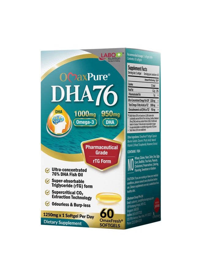 LABO Nutrition - OmaxPure DHA76 Omega 3 Fish Oil, Ultra-Concentrated 76% 950mg DHA, EPA, 60 Count, Pharmaceutical Grade, Supercritical CO2 Extracted rTG Form, for Heart, Joint, Brain & Immune Health - Image 1