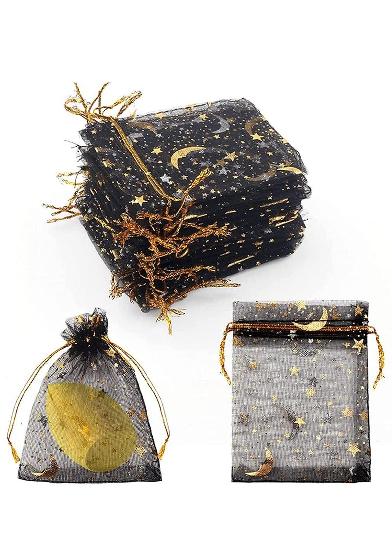 Y&D - Organza Jewelry Candy Bags 100 Pieces Sheer Black Favor Gift Pouch With Gold Line Drawstring Moon and Stars Baby Shower for Wedding Party Valentine's Day - Image 1