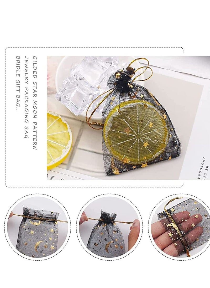 Y&D - Organza Jewelry Candy Bags 100 Pieces Sheer Black Favor Gift Pouch With Gold Line Drawstring Moon and Stars Baby Shower for Wedding Party Valentine's Day - Image 1