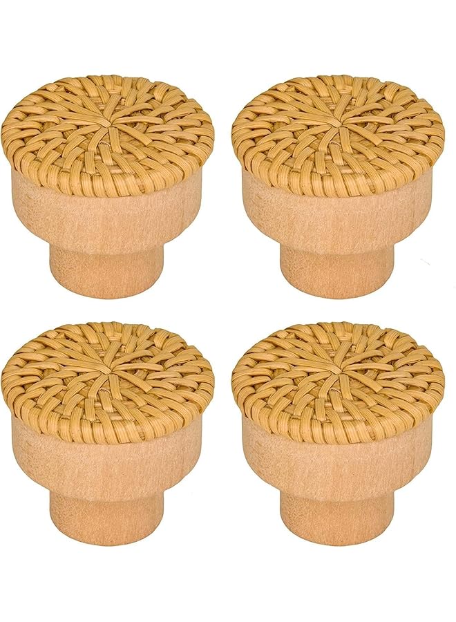 PROMASS 4pcs Wooden Drawer Knobs, Rattan Dresser Knobs Round Handmade Wicker Woven and Screws for Boho Furniture Knobs Cabinets Dresser Handles Hardware Pulls Cabinet Knobs (Wood color) - Image 1