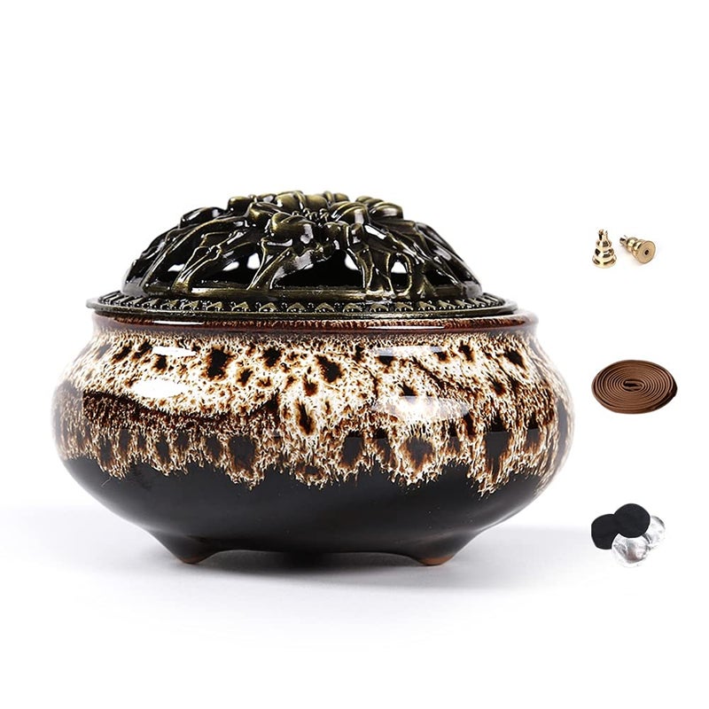 LAMDAWN Ceramic Incense Burner with Incense Stick Holder  Insulation use for Stick or Coil Incense Sage Cones and Frankincense Fambe Gray