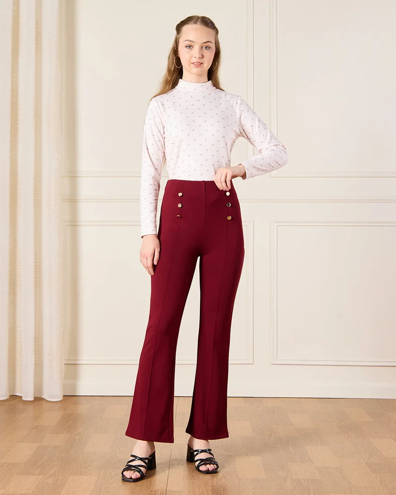 REDTAG Senior Girls Burgundy Flared Ponte Leggings With Front Buttons