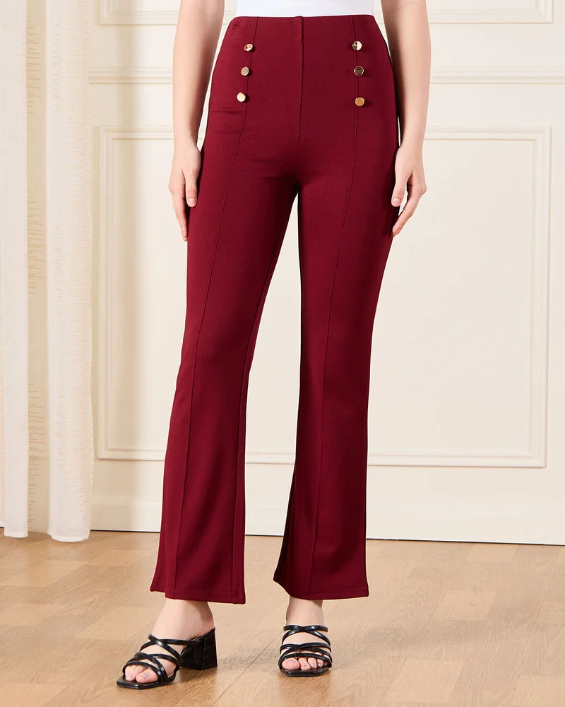 REDTAG Senior Girls Burgundy Flared Ponte Leggings With Front Buttons