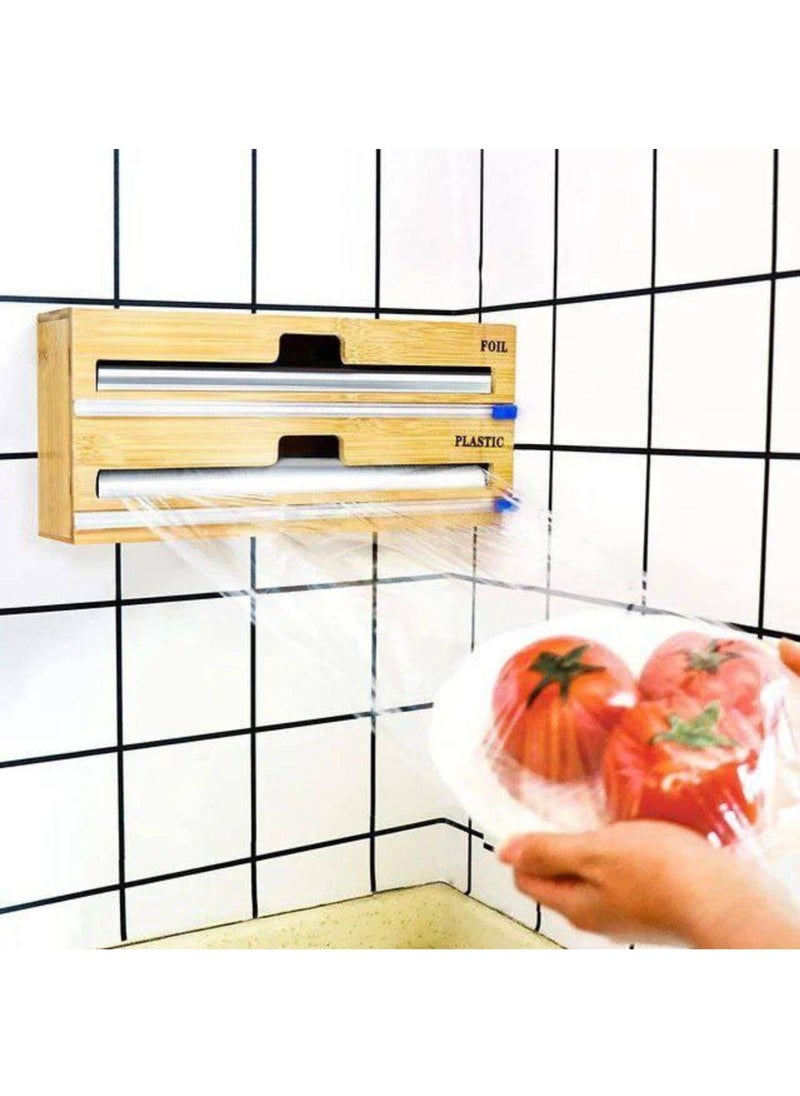 Generic Bamboo Kitchen Drawer Organizer Aluminum Foil Plastic Wrap Dispenser With Slide Cutter Ziplock Bag Food Storage Organizer  - Image 2