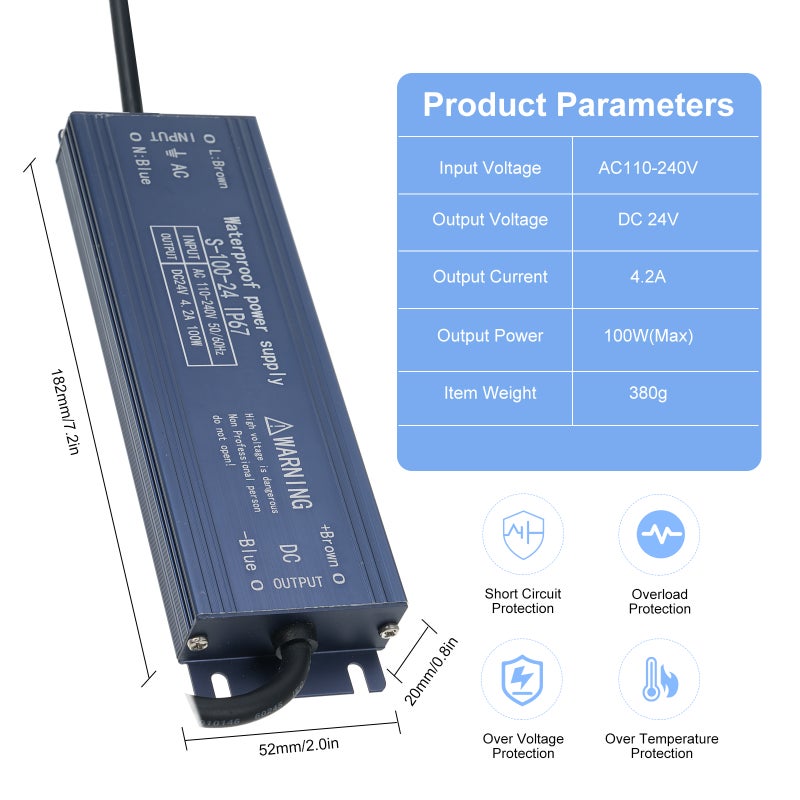 مُحول طاقة ومُحول توصيل تبديل محرك إضاءة LED مقاوم للماء بنمط IP67، من التيار المتردد 110 فولت-240 فولت إلى التيار المستمر 24 فولت 100 واط بدقة ثابتة للجهد، لضوء شريط LED ومصابيح المضاءة الخارجية ولوح الإعلان الخلفي - Image 2