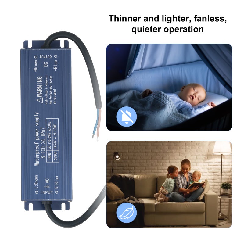مُحول طاقة ومُحول توصيل تبديل محرك إضاءة LED مقاوم للماء بنمط IP67، من التيار المتردد 110 فولت-240 فولت إلى التيار المستمر 24 فولت 100 واط بدقة ثابتة للجهد، لضوء شريط LED ومصابيح المضاءة الخارجية ولوح الإعلان الخلفي - Image 3