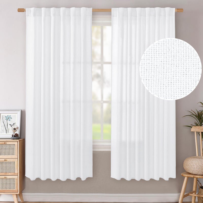 BGment Linen Curtains 72 Inch Length 2 Panels for Living Room  Rod Pocket White Window Drapes Light Filtering for Bedroom Home Office Privacy Back Tab  52 Inch Wide Each Panel - Image 1