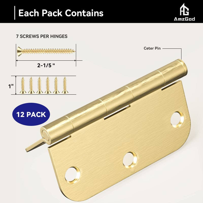 AmzGod Satin Brass Door Hinges - 12 Pack Gold Door Hinges 3.5 Inch Rounded Interior Door Hinge with 5/8" Radius - 3 1/2 Inches Flat Iron Brass Hinges for Residential Standard Doors - Image 3