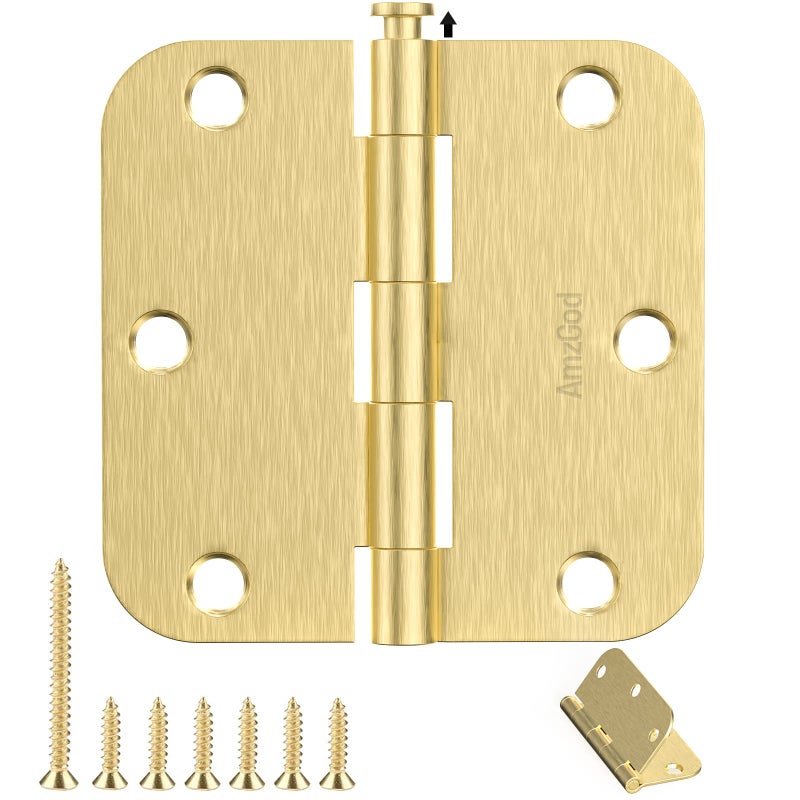 AmzGod Satin Brass Door Hinges - 12 Pack Gold Door Hinges 3.5 Inch Rounded Interior Door Hinge with 5/8" Radius - 3 1/2 Inches Flat Iron Brass Hinges for Residential Standard Doors - Image 1