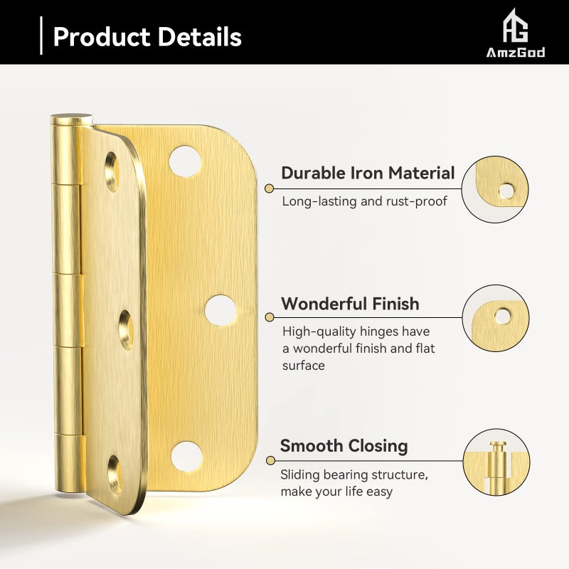 AmzGod Satin Brass Door Hinges - 12 Pack Gold Door Hinges 3.5 Inch Rounded Interior Door Hinge with 5/8" Radius - 3 1/2 Inches Flat Iron Brass Hinges for Residential Standard Doors - Image 4