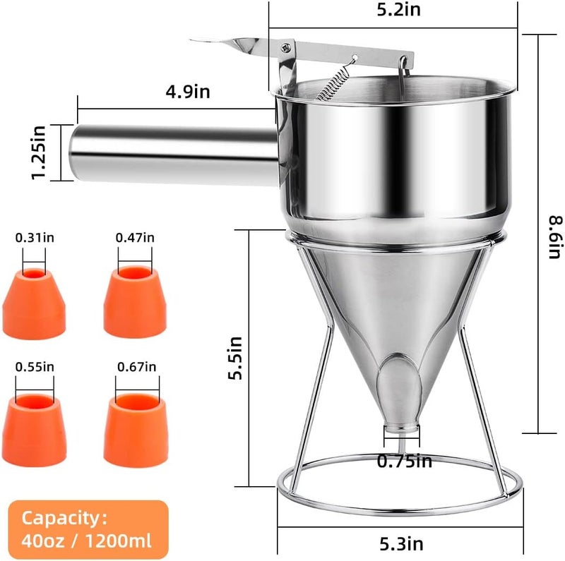 choxila 40oz Pancake Batter Dispenser, Stainless Steel 4 Caliber Funnel Cake Dispenser with Stand Great for Pancakes, Cupcakes and Baked Goods - Image 3