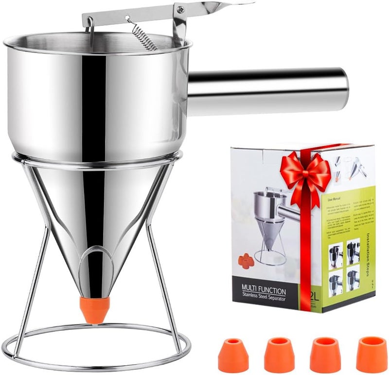 choxila 40oz Pancake Batter Dispenser, Stainless Steel 4 Caliber Funnel Cake Dispenser with Stand Great for Pancakes, Cupcakes and Baked Goods - Image 1