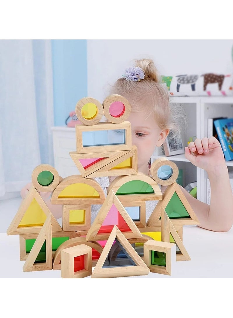 Rainbow Sensory Building Blocks – 24 Colorful Wooden & Acrylic Pieces for Play & Learning - Image 3