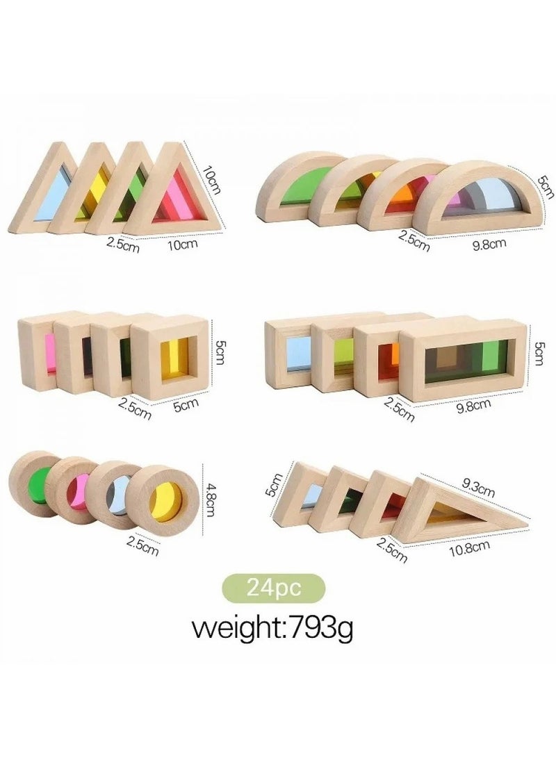 Rainbow Sensory Building Blocks – 24 Colorful Wooden & Acrylic Pieces for Play & Learning - Image 4