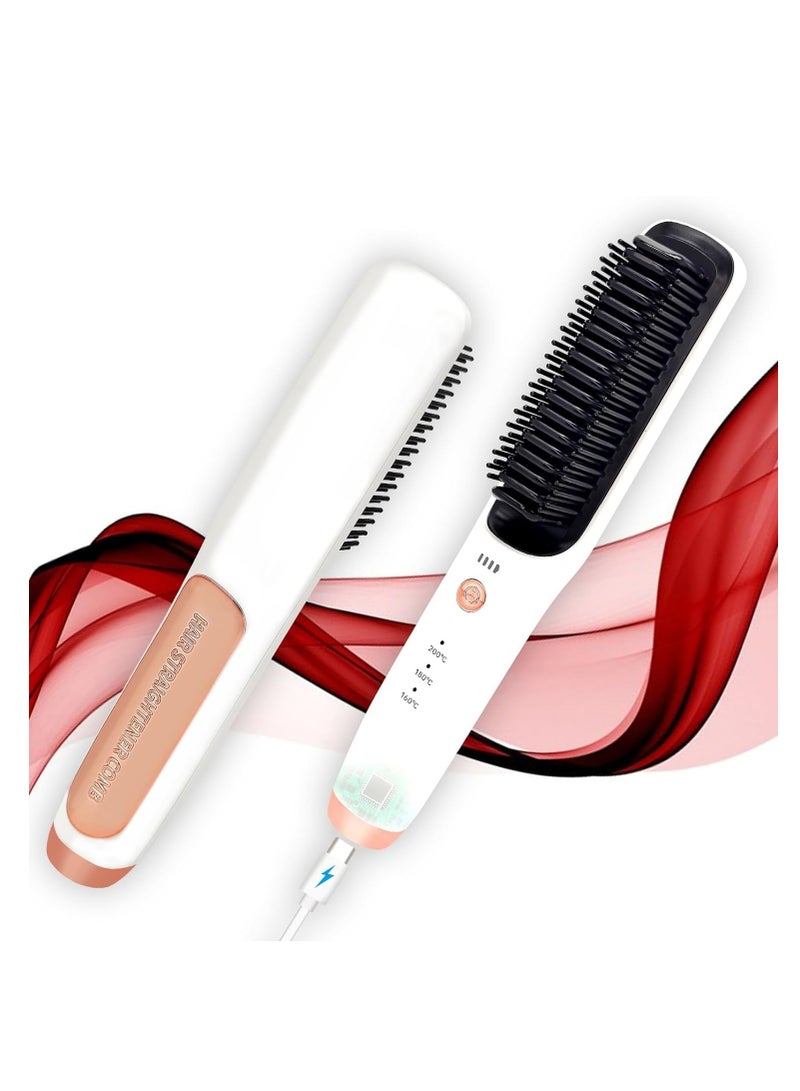 SOLARAE Cordless Hair Straightener Brush, Portable Straightening Brush, Long-Life Battery with USB-C Rechargeable, Anti-Scald, Portable for Travel, Hot Comb Hair Straightener for Women(Bright White) - Image 1