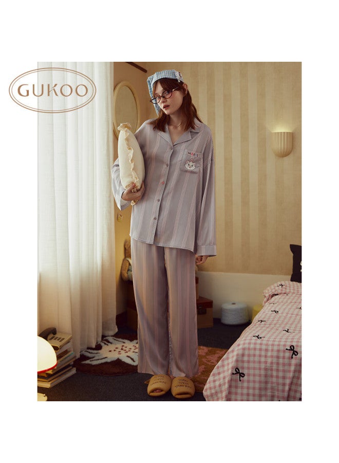 Gukoo Women's Spring And Autumn Cartoon Series Marry Cat Ice Silk Home Wear Women's Set - Misty Grey 2 S - Image 4