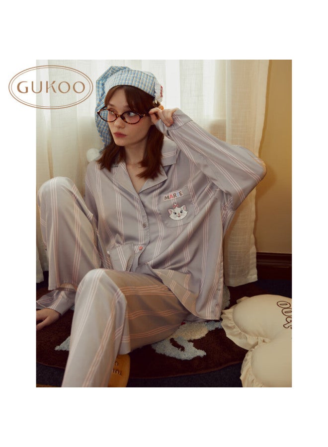 Gukoo Women's Spring And Autumn Cartoon Series Marry Cat Ice Silk Home Wear Women's Set - Misty Grey 2 S - Image 1