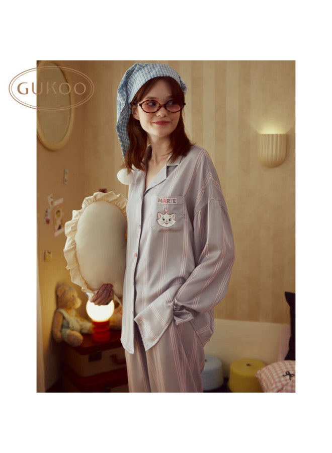 Gukoo Women's Spring And Autumn Cartoon Series Marry Cat Ice Silk Home Wear Women's Set - Misty Grey 2 S - Image 2