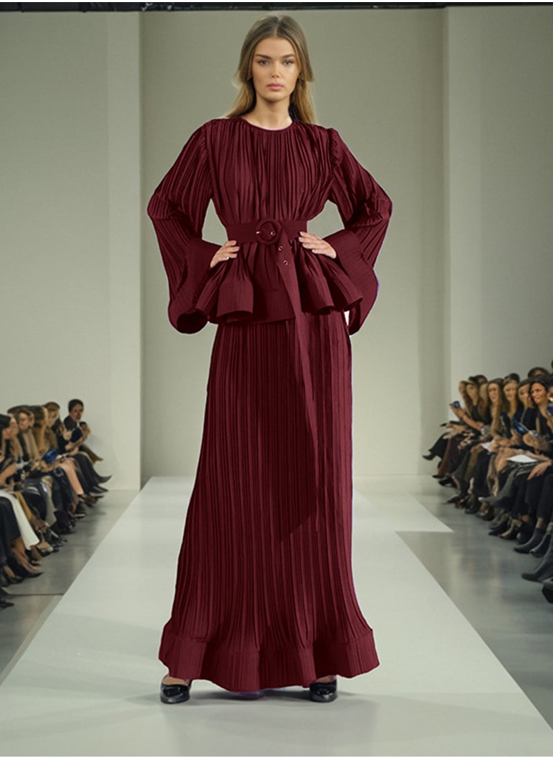 Madam Uniq - French Vintage Chic Two-Piece Set: Ruffled Bell Sleeve Top with High-Waisted Skirt - Image 1