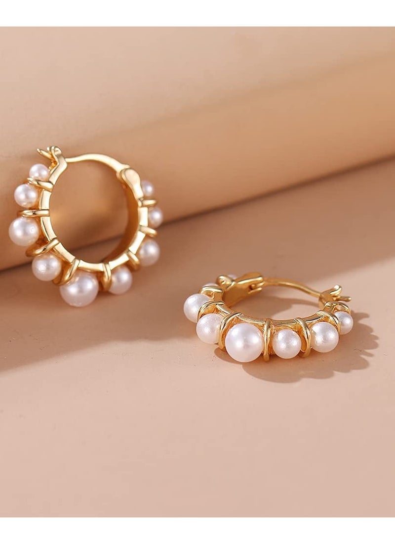 SYOSI Pearl Gold Hoop Earrings for Women, 14K Gold Plated Lightweight Cute Pearl Earrings for Girls - Image 5