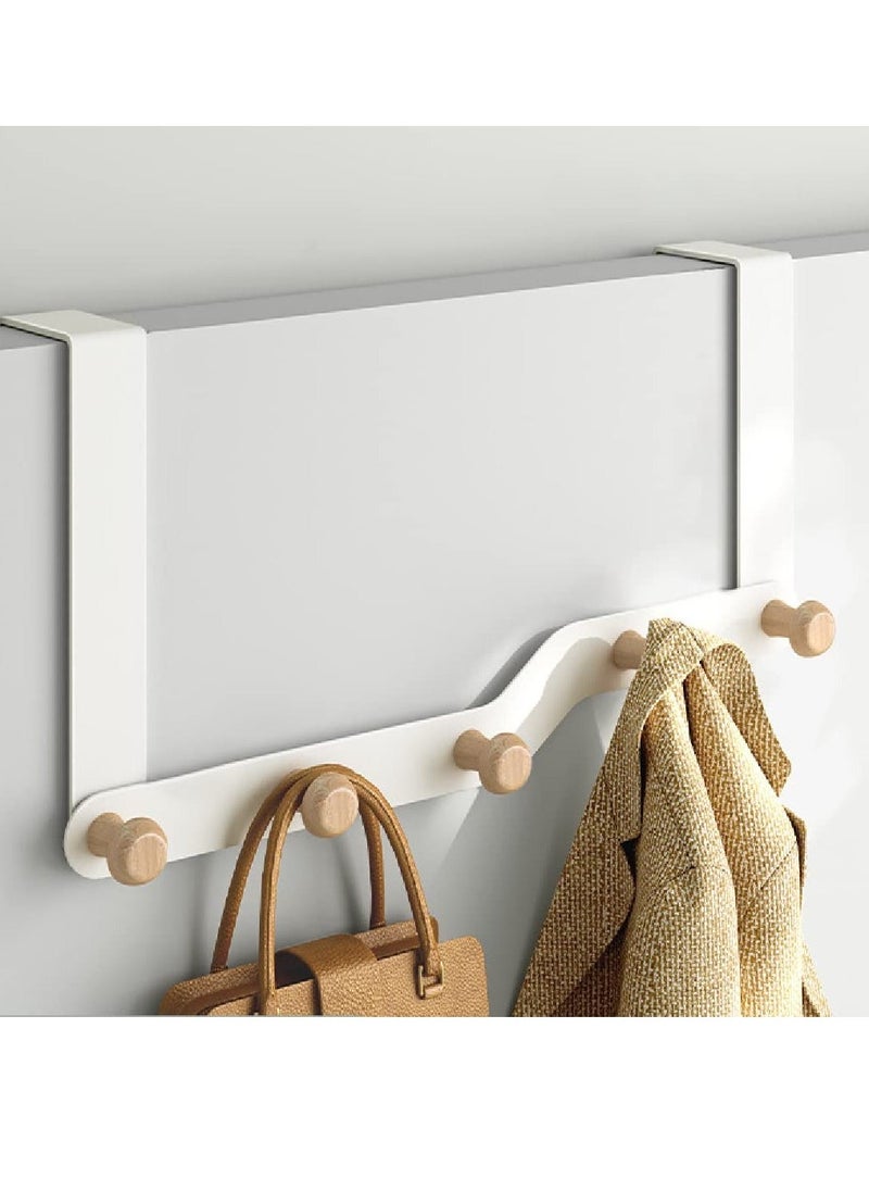 Multipurpose Over Door Hooks with 5 Wooden Hooks for Coats and Towels, Ideal for Bathroom and Bedroom Use, Stylish Coat Hanger in White  - Image 1