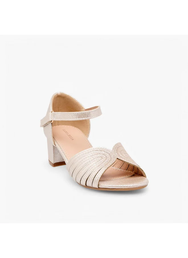 Flora Bella By Shoexpress Girls Textured Block Heel Sandals with Hook and Loop Closure