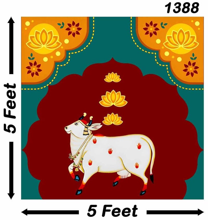 Backdropon Holy Cow Kamdhenu Divine Pichwai Design Backdrop Cloth for Pooja Decoration Traditional Background Curtain Cloth for Festival Size 5 Feet Height and 5 Feet Width(5 * 5) - Image 2