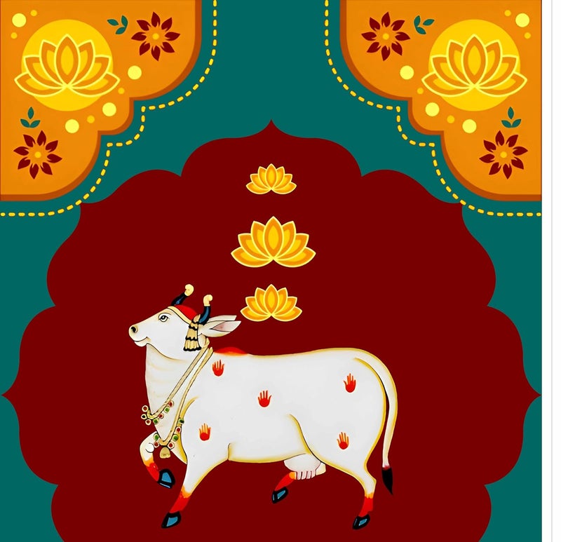 Backdropon Holy Cow Kamdhenu Divine Pichwai Design Backdrop Cloth for Pooja Decoration Traditional Background Curtain Cloth for Festival Size 5 Feet Height and 5 Feet Width(5 * 5) - Image 1