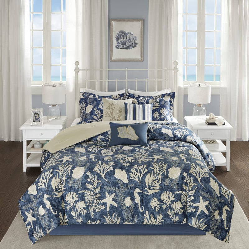 madison park Madison Park 100 Cotton Comforter Set  Coastal Coral Starfish Design All Season Down Alternative Cozy Bedding with Matching Shams Decorative Pillow Queen90x90 Blue Cape Cod Navy 7pcs 