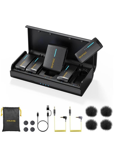 7Ryms iRay DW40 4-Channel Wireless Lavalier Microphone - Quad Transmitter, 48KHz/24 Bit, 656ft Range, Noise-Canceling Wireless Mic for iPhone, Android, Camera Multi-Person Video Recording(Black)