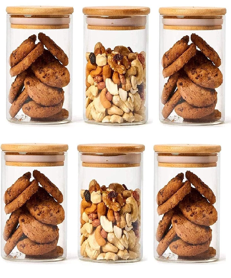 NVRA Premium 320ml Pack of 6 Borosilicate Glass Jars with Bamboo Lid I Transparent Airtight Borosilicate Kitchen Containers Set | Glass Jars for Cookies Snacks Dry Fruits Nuts Pulses Pantry & Herbs - Image 1