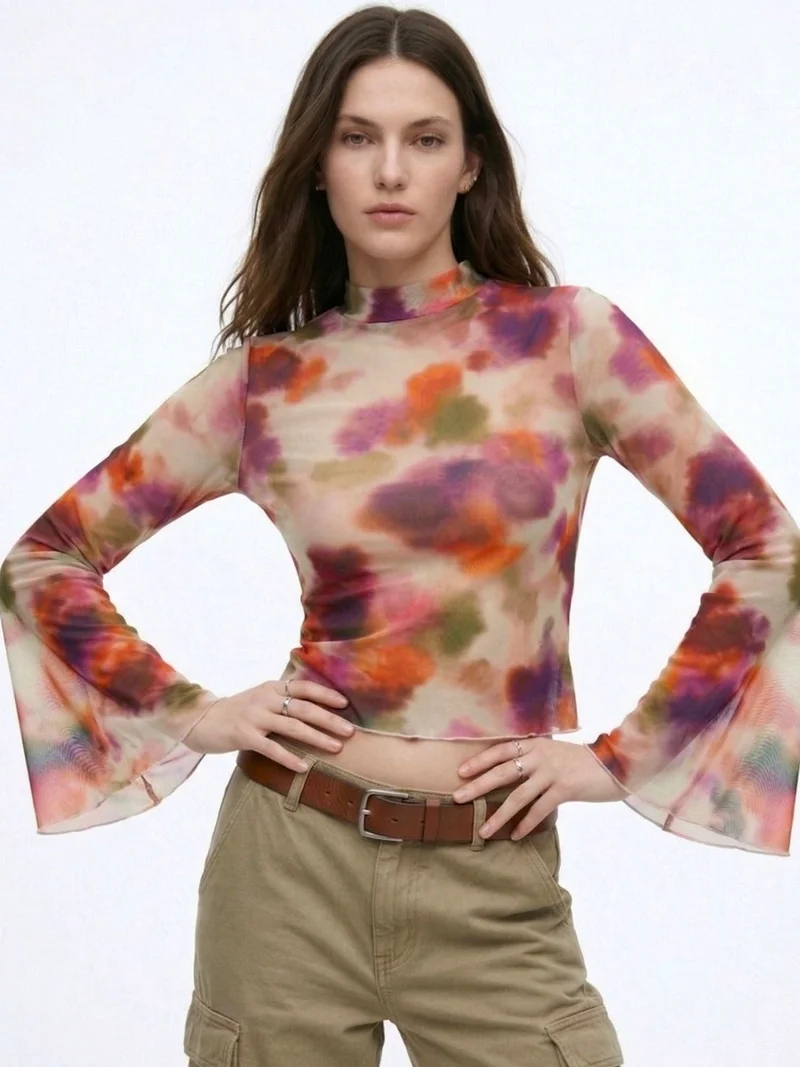 Outzidr  Multi High Neck Printed Mesh Top With Bell Sleeves for Women | Best Price UAE
