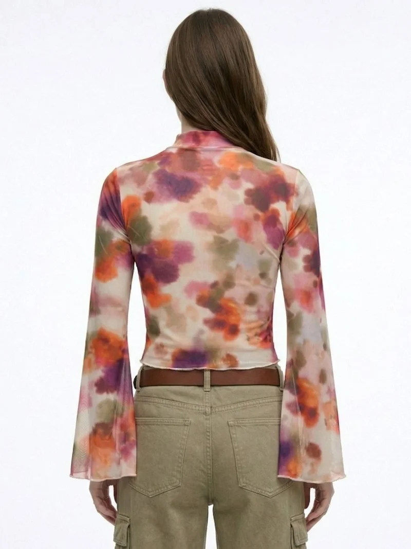 Outzidr  Multi High Neck Printed Mesh Top With Bell Sleeves for Women | Best Price UAE
