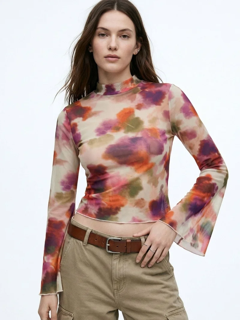 أوجيدر Multi High Neck Printed Mesh Top With Bell Sleeves